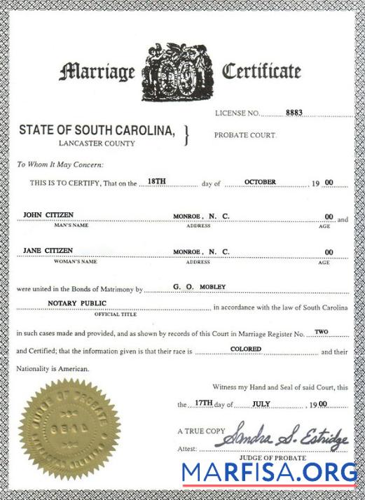 Blank USA South Carolina marriage certificate template in PSD format